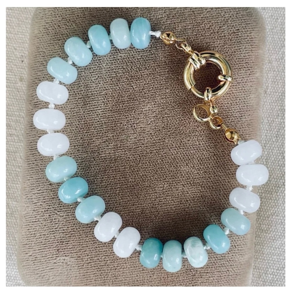 Amazonite & White Jade Beaded Ombre Hand-Knotted Bracelet 6.5" w/ Mariner Clasp